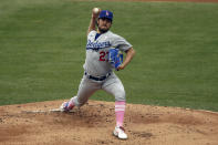 Los Angeles Dodgers starting pitcher Trevor Bauer throws to a Los Angeles Angels batter during the first inning of a baseball game in Anaheim, Calif., Sunday, May 9, 2021. (AP Photo/Alex Gallardo)