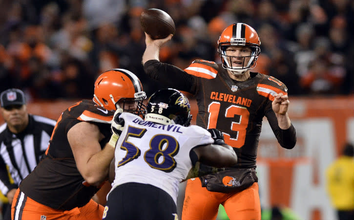 Nov 30, 2015; Cleveland, OH, USA; Cleveland Browns quarterback Josh McCown (13) throws a pass during the second half against the Baltimore Ravens at FirstEnergy Stadium. Mandatory Credit: Ken Blaze-USA TODAY Sports