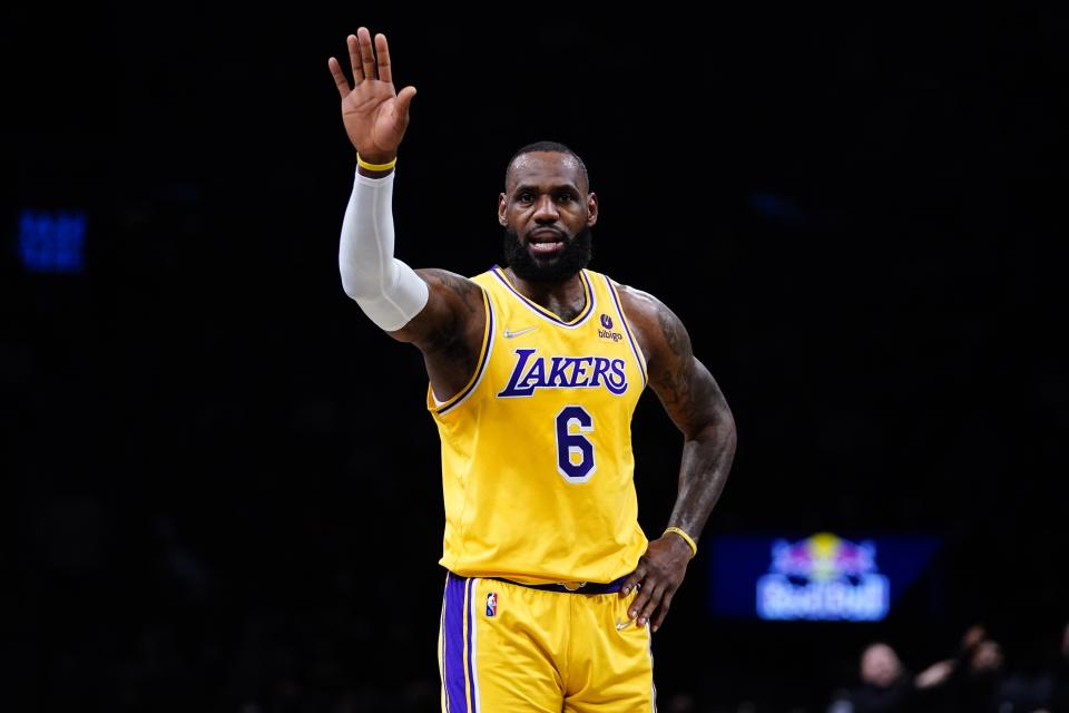 Los Angeles Lakers' LeBron James (6) calls out to a teammate during the first half of an NBA basketball game against the Brooklyn Nets Tuesday, Jan. 25, 2022 in New York. (AP Photo/Frank Franklin II)