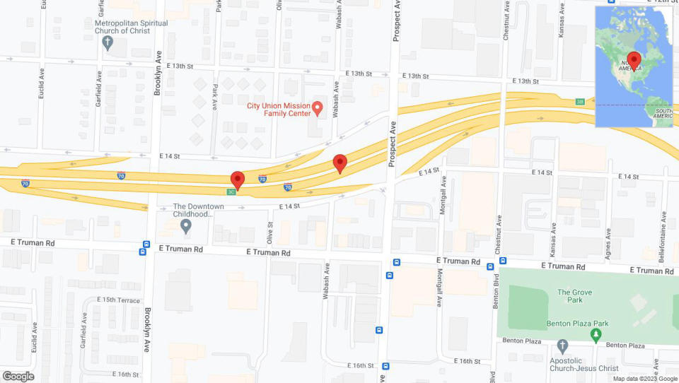 A detailed map that shows the affected road due to 'Broken down vehicle on eastbound I-70 in Kansas City' on December 17th at 6:55 p.m.