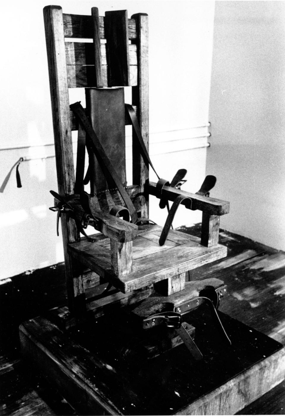 This is an undated file photo of the electric chair at the Tennessee State prison in Nashville. First used by New York State in 1890, it was used throughout the 20th century to execute hundreds. Since 1976, over 150 inmates have been executed by electrocution. It was considered humane on its introduction but resulted in many horrific executions over the years. (AP Photo, File) ORG XMIT: NY110