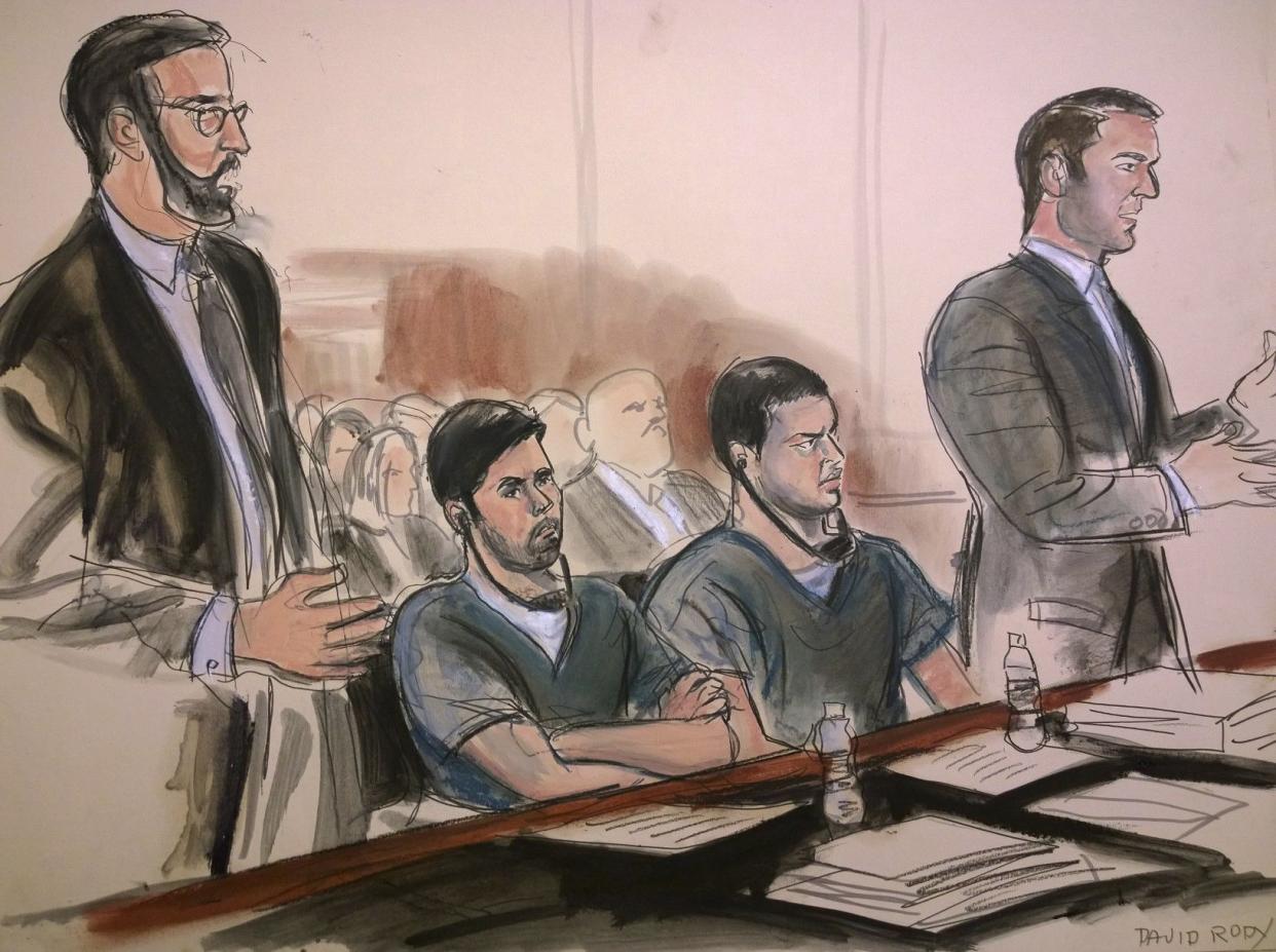 Defendants Efrain Campo, center left, and Francisco Flores, center right, nephews of Venezuela's first lady Cilia Flores, listen to proceedings during their sentencing hearing at federal court in New York in 2017.
