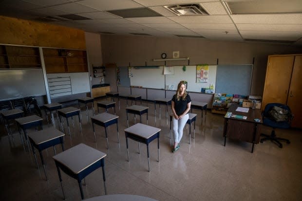 Primary teacher Chrystal Tagmann is pictured in her modified classroom at Bridgeview Elementary in Surrey, British Columbia on Wednesday, August 26, 2020.  