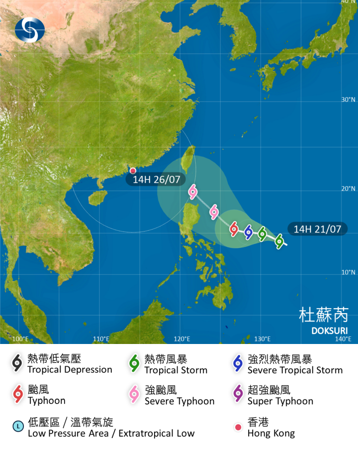 熱帶風暴杜蘇芮，在 2023 年 7 月 21 日下午 2 時的最新資料。目前最遠程（120 小時）的估計是，杜蘇芮會增強至強颱風級別，並且進入呂宋海峽中線，距離香港位置較為偏東。需要注意的是，預報時間愈長，熱帶氣旋的可能路徑範圍會愈大：以預測 120 小時後位置為例，可能路徑範圍半徑高達 465 公里，大概相等於近半個呂宋地區。
