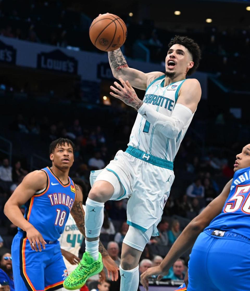 Charlotte Hornets guard LaMelo Ball drives to the basket for two-points during first half action against the Oklahoma City Thunder on Sunday, October 15, 2023 at Spectrum Center in Charlotte, NC.