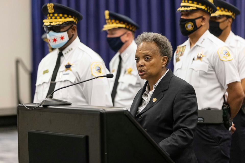 Mayor Lori Lightfoot speaks about the shooting of two police officers during a news conference at the Chicago Police Headquarters in Bronzeville to address the overnight shooting of two police officers during a traffic stop.
