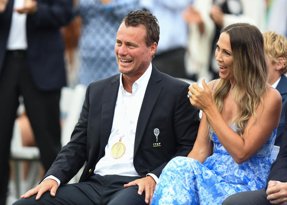 Lleyton Hewitt, pictured here with wife Bec during the International Tennis Hall of Fame induction ceremony.