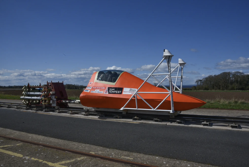 The “representative forward fuselage design” used for ejection tests, coupled to the rocket sled. <em>BAE Systems</em>