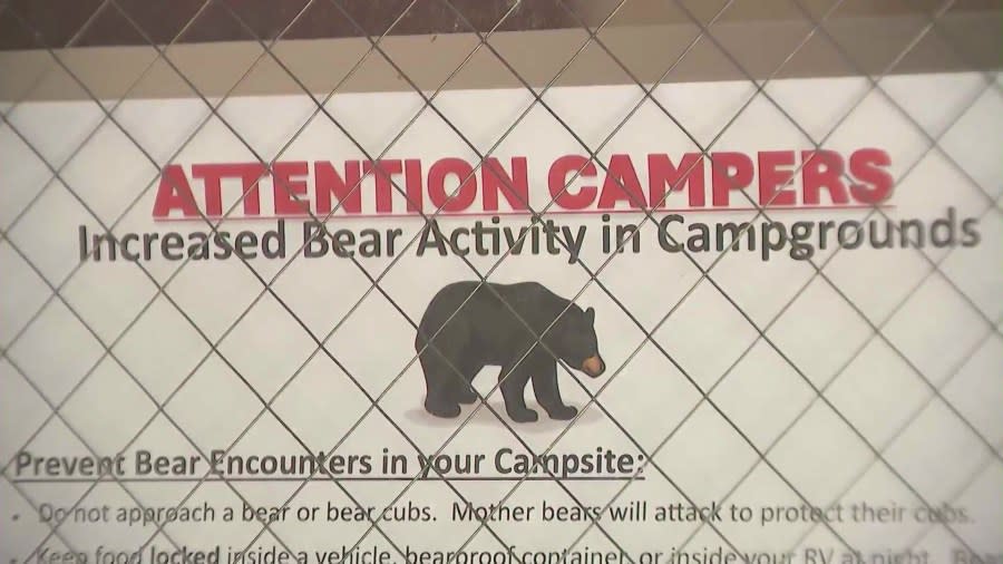 Alert warning visitors of increased bear sightings at Silverwood Lake campground in San Bernardino on April 26, 2024. (KTLA)