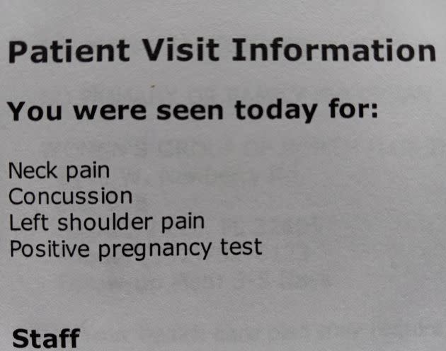 A summary of the author's ER visit that included a positive pregnancy test. She later learned she was not pregnant but instead potentially facing ovarian cancer. (Photo: Courtesy of Monica Fox)