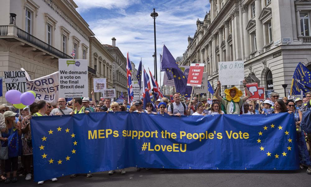 Demonstrators gather for the People’s Vote march in central London on 23 June.