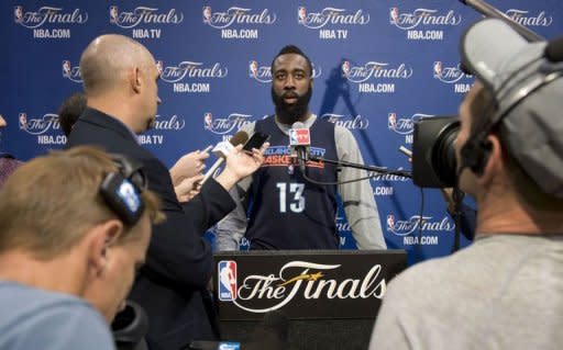 Oklahoma City Thunder player James Harden talks to reporters before practice at the American Airlines Arena in Miami, Florida. The Heat and the Oklahoma City Thunder are preparing for Game 5 of their NBA Finals scheduled for June 21