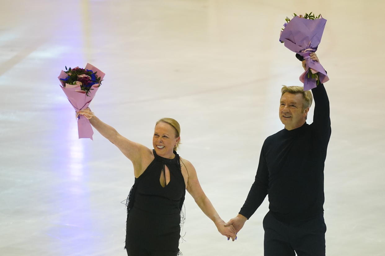 Ice skaters Jayne Torvill and Christopher Dean, after their performance on the ice at the Center Skenderija, Sarajevo as they visit Bosnia and Herzegovina to mark the 40th anniversary of winning gold medals at the 1984 Winter Olympics and have announced their retirement. Picture date: Wednesday February 14, 2024. (Photo by Victoria Jones/PA Images via Getty Images)