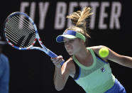 Sofia Kenin of the U.S. makes a forehand return to Tunisia's Ons Jabeur during their quarterfinal match at the Australian Open tennis championship in Melbourne, Australia, Tuesday, Jan. 28, 2020. (AP Photo/Andy Brownbill)