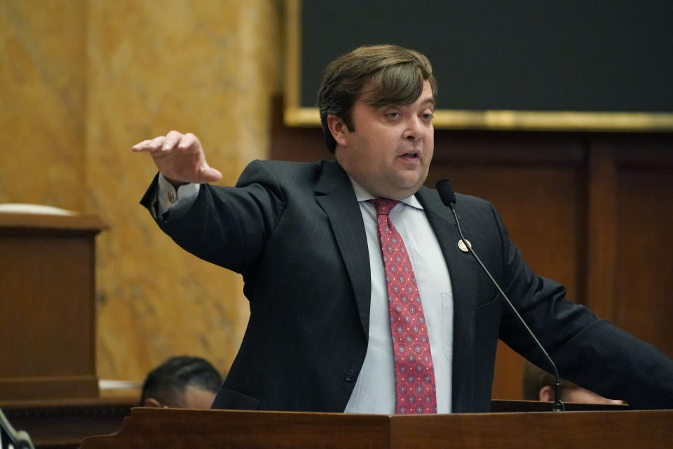 House Judiciary B Committee Chairman Nick Bain, R-Corinth, explains provisions of a bill in chamber, Tuesday, March 7, 2023, at the Mississippi Capitol in Jackson. Lawmakers have a Wednesday deadline for original floor action on general bills and constitutional amendments originating in the other house. (AP Photo/Rogelio V. Solis)