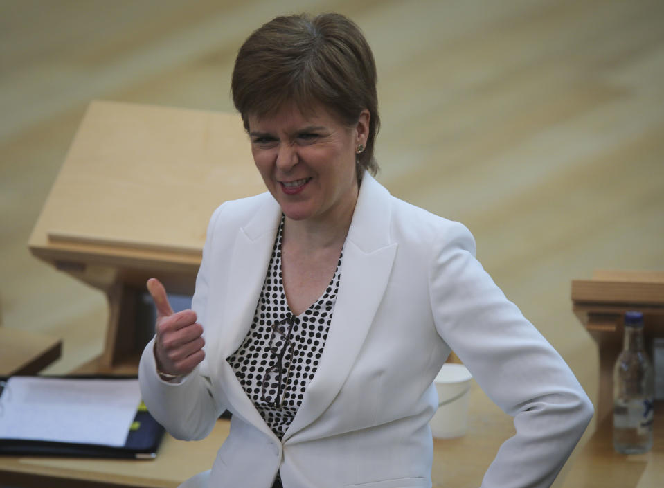 EDINBURGH, SCOTLAND - JUNE 18: Nicola Sturgeon MSP First Minister takes part in the First Minister's Questions at the Scottish Parliament Holyrood on June 18, 2020 in Edinburgh, Scotland. (Photo by Fraser Bremner - Pool/Getty Images)