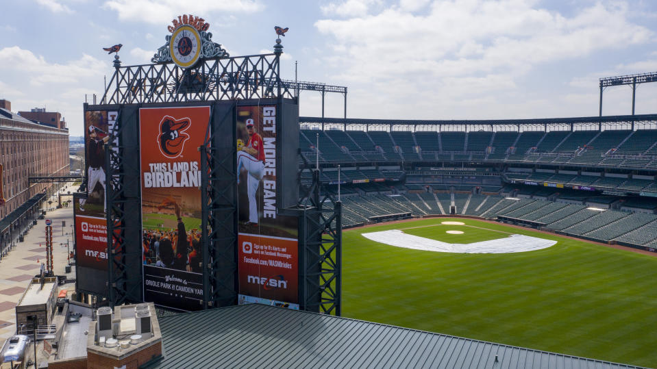 In this aerial photo, Oriole Park at Camden Yards is closed on what would've been Opening Day, Thursday March 26, 2020, in Baltimore, Md. The Orioles were slated to host the New York Yankees at the park, but the season has been delayed due to the coronavirus outbreak. (AP Photo/Steve Helber)