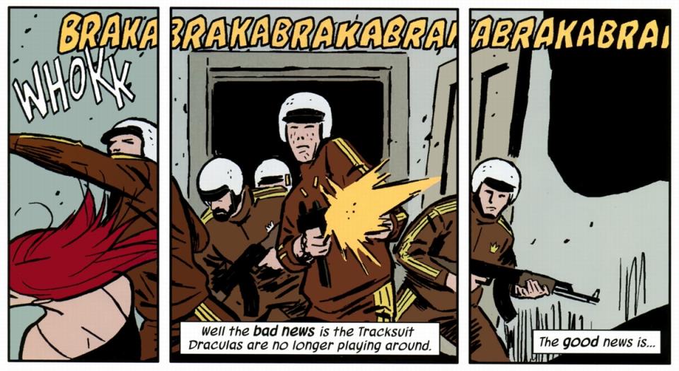 A triple panel from Hawkeye (2012) shows the Tracksuit Mafia shooting guns towards the reader