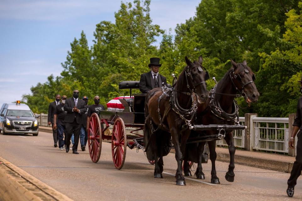 <p>As part of the funereal procession, a horse-drawn carriage carried Lewis's casket over Edmund Pettus Bridge in Selma, Alabama. On the second of six days of ceremonies, the journey through Selma honored Lewis's work during the Civil Rights Movement, leading the Selma to Montgomery marches across this very bridge. This march later became known as Bloody Sunday, as armed Alabama police officers attacked nonviolent, unarmed demonstrators, including Lewis.<br></p>