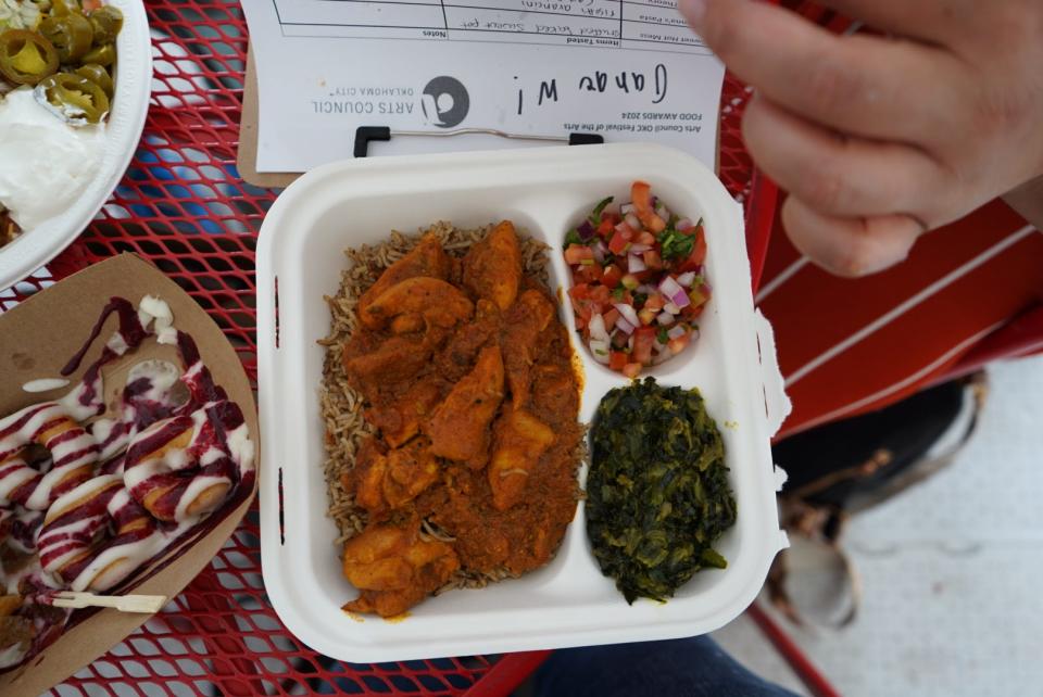 Pilau Chicken and spinach from Plus 254 Taste of Africa on April 25 at the 58th annual Festival of the Arts in downtown OKC’s Bicentennial Park.