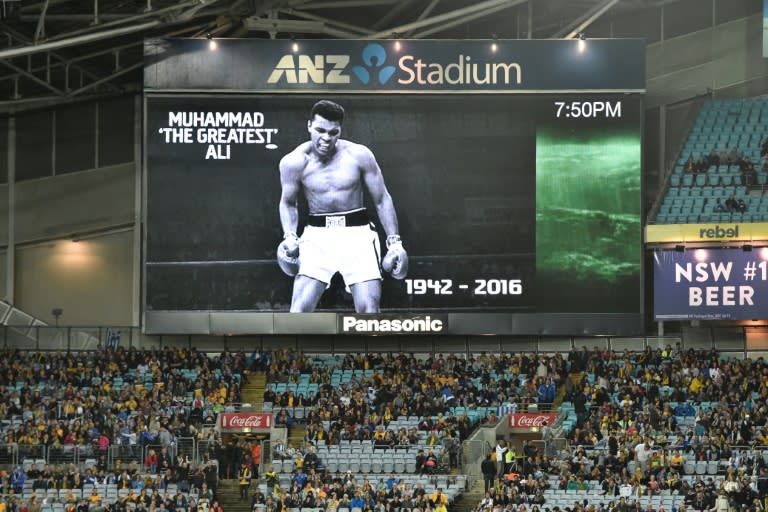 A tribute to boxing legend Muhammad Ali in Sydney on June 4, 2016, before the international friendly football match between Australia and Greece