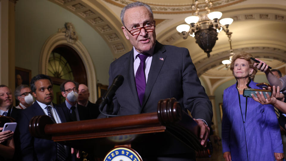 Sen. Chuck Schumer, D-N.Y., talks to reporters at the U.S. Capitol on June 15.