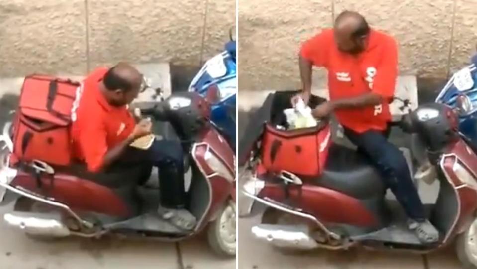 The delivery driver can be seen tucking into the meal before placing it back in the plastic bag and resealing it. Image: Twitter/Madan_Chikna