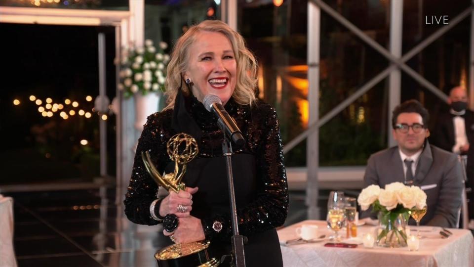 IMAGE DISTRIBUTED FOR THE TELEVISION ACADEMY - Catherine O'Hara accepts the Emmy for Outstanding Lead Actress in a Comedy Series for "Schitt's Creek" accepts the Emmy for xxx during the 72nd Emmy Awards telecast on Sunday, Sept. 20, 2020 at 8:00 PM EDT/5:00 PM PDT on ABC.