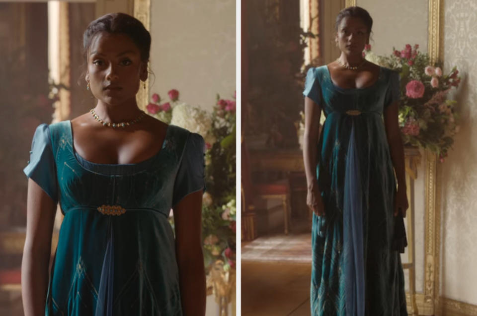 Full-body shot and close-up of Simone as Kate wearing a short-sleeved gown