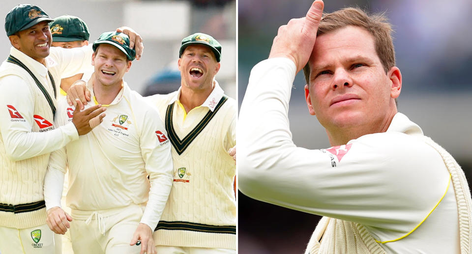 Seen here, Aussie cricket star Steve Smith with his Test teammates.