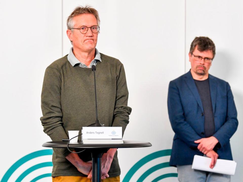 State epidemiologist Anders Tegnell (left) of the Public Health Agency of Sweden speaks during a news conference on a daily update on coronavirus. Source: AFP