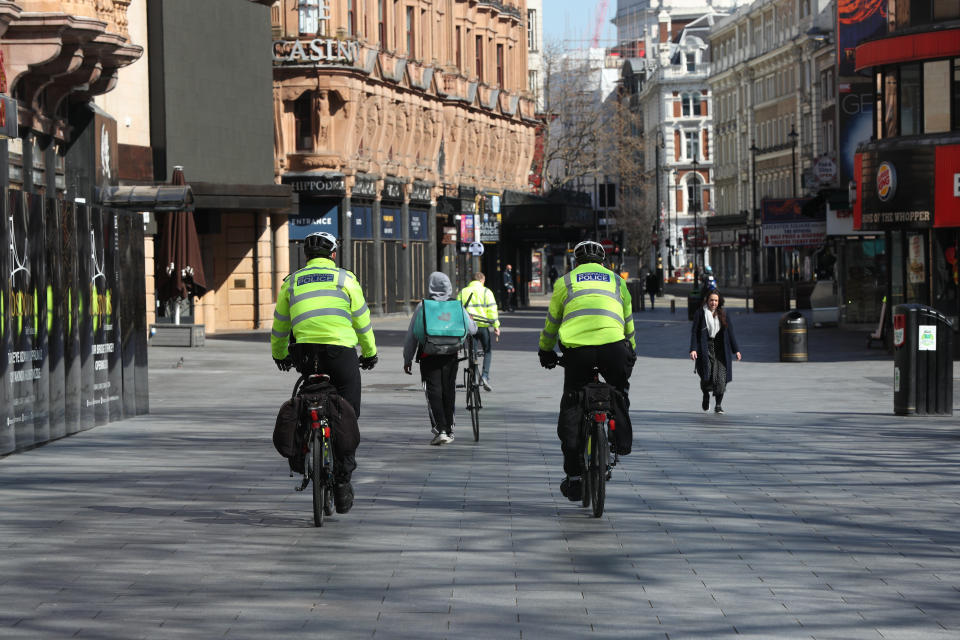 Metropolitan Police patrolling on bicycles in Leicester Square, London, after Prime Minister Boris Johnson has put the UK in lockdown to help curb the spread of the coronavirus. (Photo by Jonathan Brady/PA Images via Getty Images)