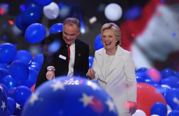 Balloons descend as Democratic presidential nominee Hillary Clinton and running mate Tim Kaine celebrate on the fourth and final night of the Democratic National Convention at Wells Fargo Center on July 28, 2016 in Philadelphia, Pennsylvania.   / AFP / SAUL LOEB        (Photo credit should read SAUL LOEB/AFP/Getty Images)