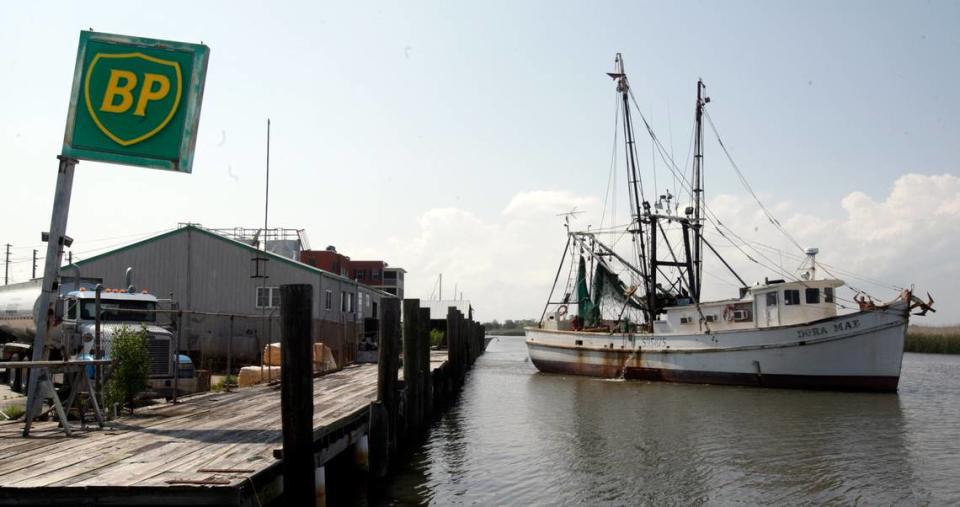 Fishing boat Dora Mae leaves the BP dock in Apalachicola, Florida, May 5, 2010. The fishermen in Apalachicola and the surrounding communities are very concerned the oil spill from the Deepwater Horizon rig in the Gulf of Mexico with drift into their water ways and destroy the commercial fishing industry that the area relies on for jobs. 