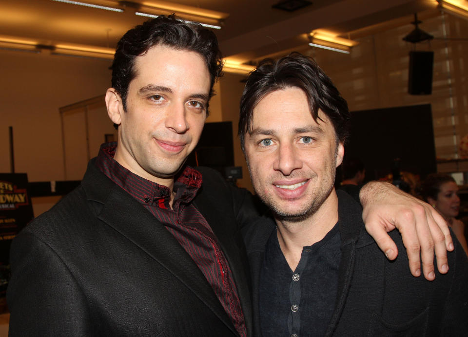 Nick Cordero and Zach Braff pose backstage at the new musical "Bullets Over Broadway" at The St. James Theater on Broadway on February 16, 2014 in New York City. 