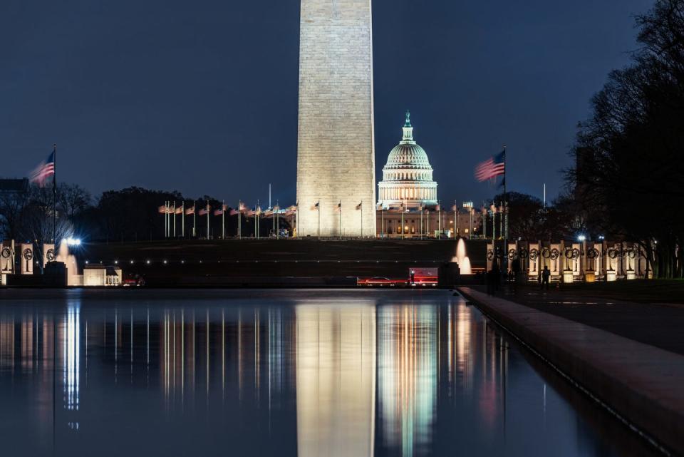 the us capitol building with washington monument with us flag in washington, dc united states of america or usa,