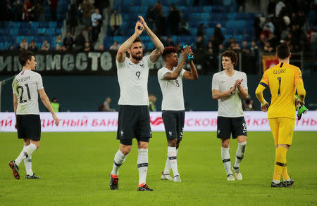 Soccer Football - International Friendly - Russia vs France - Saint-Petersburg Stadium, Saint Petersburg, Russia - March 27, 2018 France’s Olivier Giroud applauds their fans after the match REUTERS/Anton Vaganov