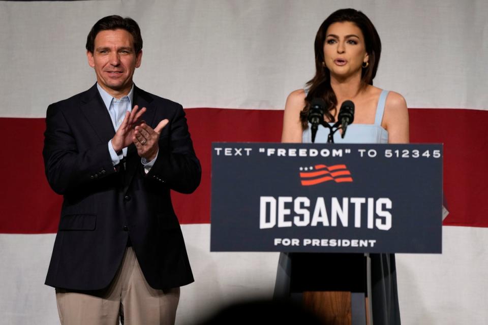 Casey DeSantis speaking at a campaign event for her husband in Iowa in May. She has been happy to take a prominent role (Copyright 2023 The Associated Press. All rights reserved)