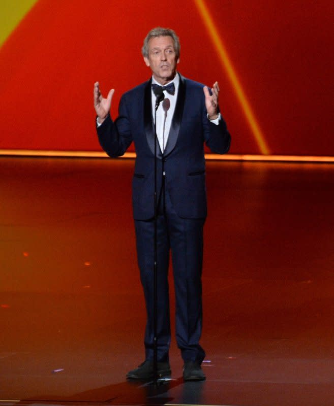 Hugh Laurie speaks onstage during the 71st annual Primetime Emmy Awards at the Microsoft Theater in downtown Los Angeles on September 22, 2019. The actor turns 65 on June 11. File Photo by Jim Ruymen/UPI