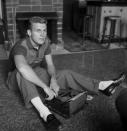<p>Here, Hunter can be seen posing next to a typewriter on the living room floor of his cozy Hollywood home. The actor owned several different properties in the Los Angeles region before finally settling down in the Santa Barbara area.</p>