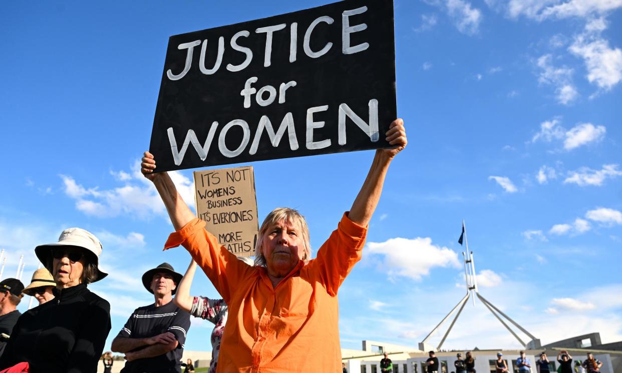 <span>Rally calling for action to end violence against women in Canberra on Sunday. A national cabinet meeting on Wednesday will address gendered violence.</span><span>Photograph: Lukas Coch/AAP</span>