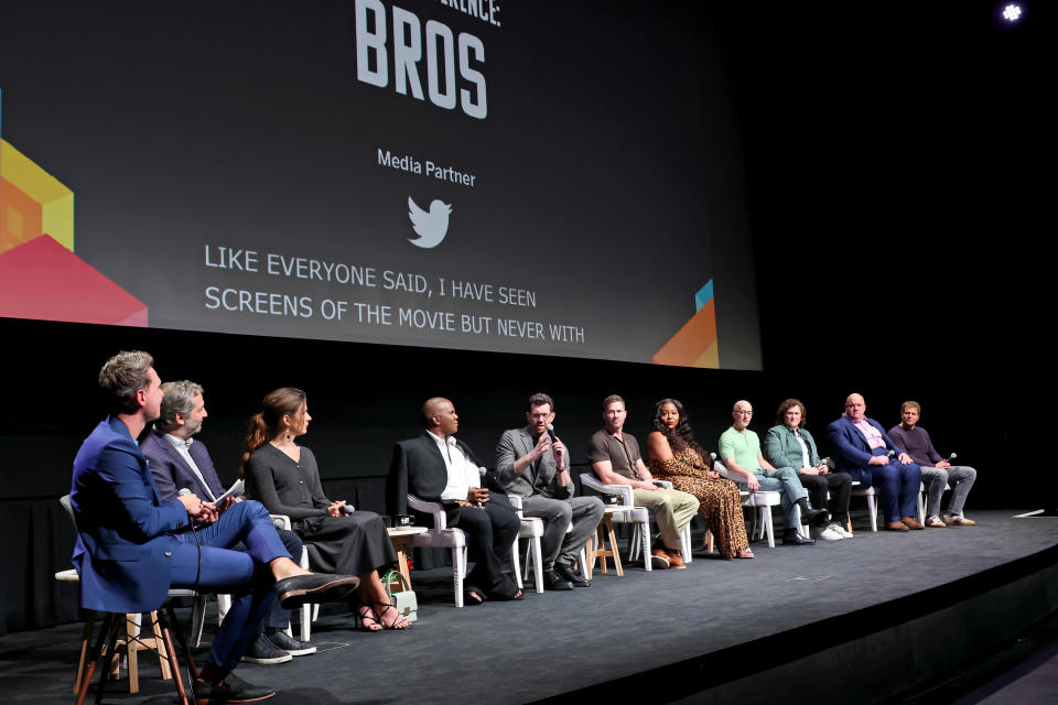 TORONTO, ONTARIO - SEPTEMBER 10: (Second L-R) Judd Apatow, Eve Lindley, Miss Lawrence, Billy Eichner,  Luke Macfarlane, TS Madison, Jim Rash , Dot-Marie Jones , Guy Branum, and Nicholas Stoller speak onstage at the 