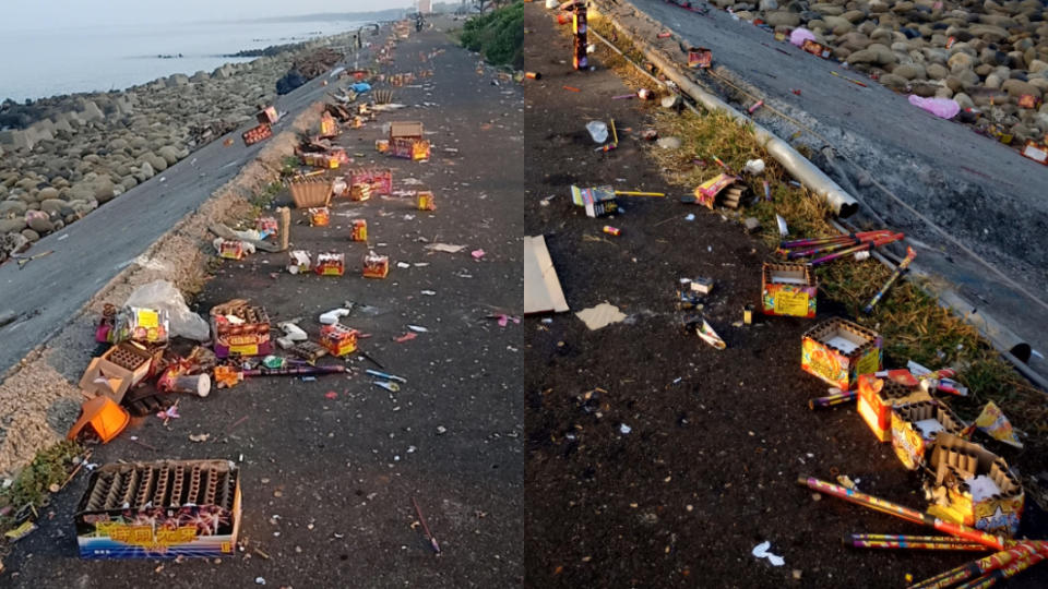 台南「黃金海岸」連假後沿路躺滿垃圾。（圖／翻攝自臉書社團「爆怨公社」）