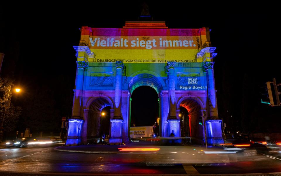 The SIEGESTOR at LudwigstraÃŸe is illuminated in LGBT rainbow colors on June 23, 2021 in Munich - GETTY IMAGES
