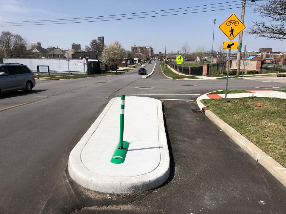 The newly built protected bike lane along LaSalle Avenue, seen on Monday, April 8, 2024, will be part of the trail from downtown South Bend to the University of Notre Dame.