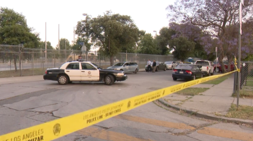 A police car is parked in the middle of a residential street behind yellow caution tape.