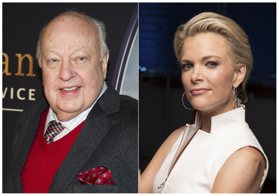 This combination photo shows Roger Ailes at a special screening of "Kingsman: The Secret Service" in New York on Feb. 9, 2015, left, and Megyn Kelly posing for a portrait in New York on May 5, 2016. Kelly says she did the “twirl” before Roger Ailes, too. The former Fox News Channel personality referred to a scene in the movie “Bombshell,” where the late Fox News boss, portrayed by John Lithgow, asked an aspiring news anchor played by actress Margot Robbie to turn around in front of him so he could assess her body. (AP Photo)