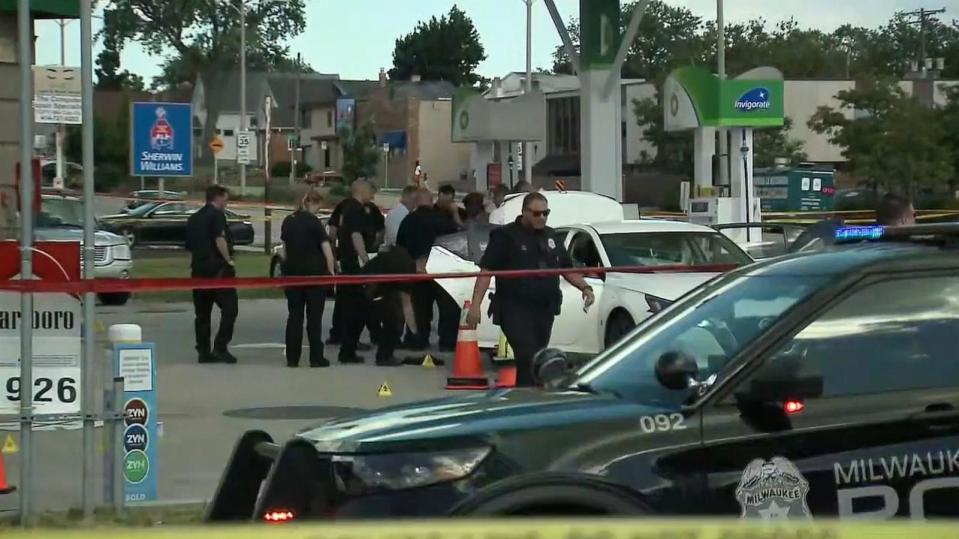 PHOTO: Police monitor the scene of a shooting at a gas station in Milwaukee, WI, June 26, 2024. (ABC News/WISN)