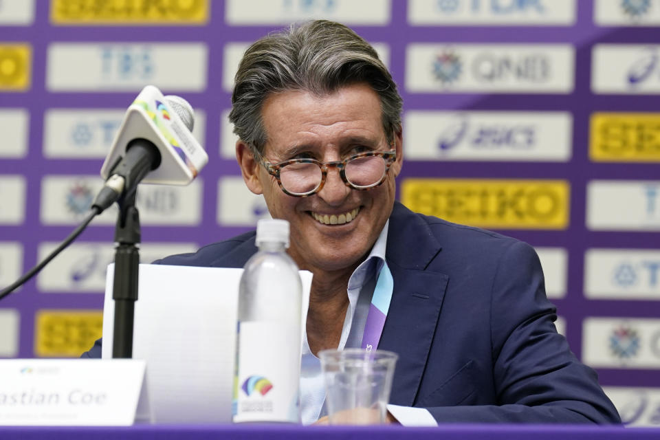 World Athletics President Sebastian Coe speaks during a news conference before the World Athletics Championships Thursday, July 14, 2022, in Eugene, Ore. (AP Photo/Gregory Bull)