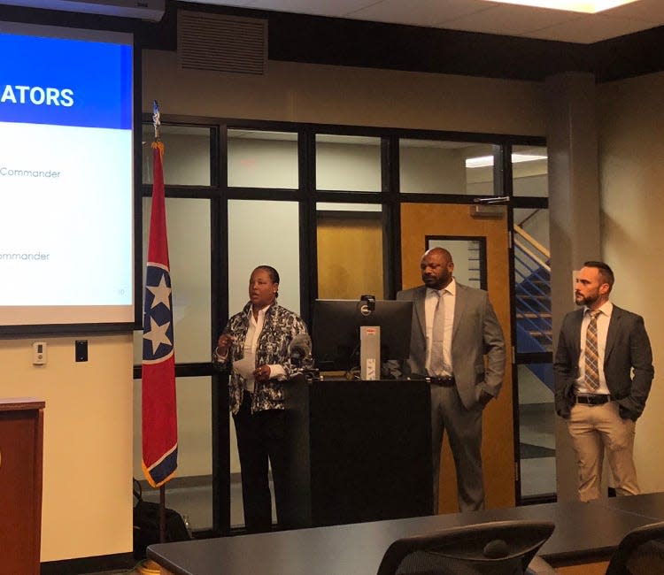 Capt. Liane Wilson, Detective Keenan Carlton and Sgt. Nick Newman at a press conference hosted by Clarksville-Montgomery County Crime Stoppers on Thursday, December 2, 2021.